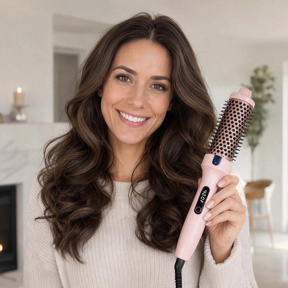 Brosse chauffante femme qui admire ses cheveux coiffés brosse à la main 