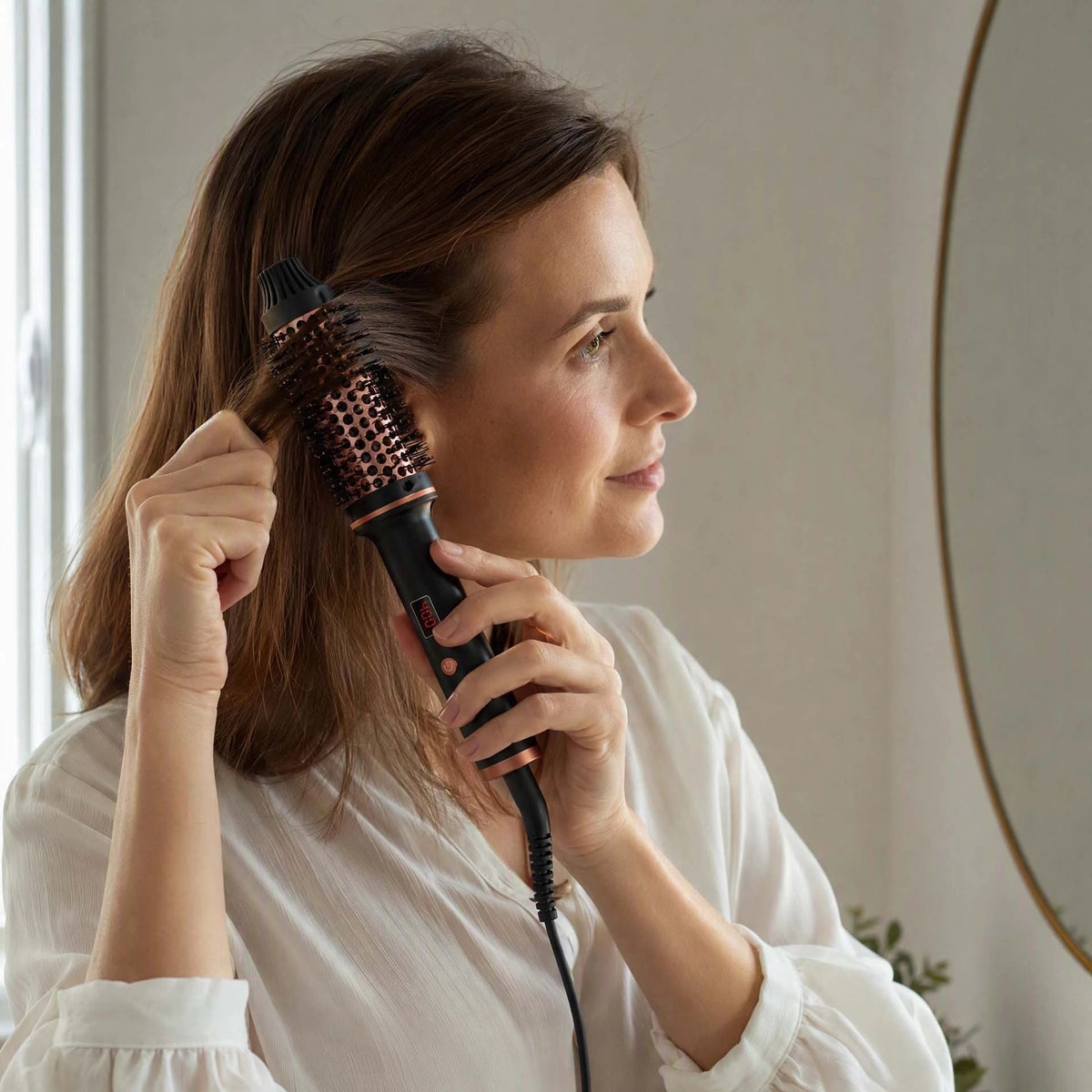 Brosse chauffante femme qui coiffe ses cheveux mi longs 