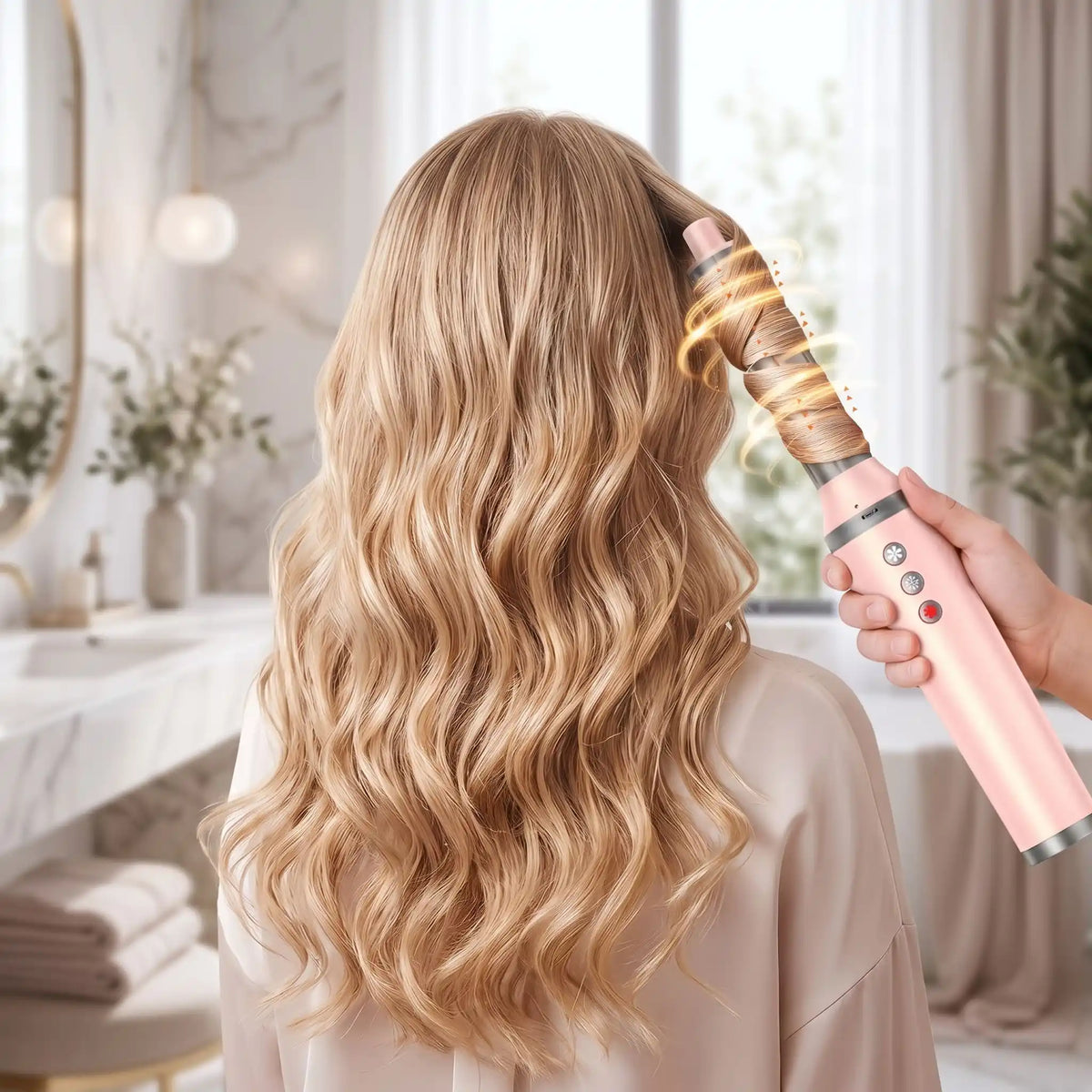 brosse chauffante femme qui se fait coiffer par un professionnel de la coiffure avec le boucleur