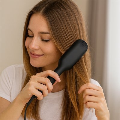 Jeune femme aux longs cheveux bruns qui se coiffe avec la brosse chauffante lissante
