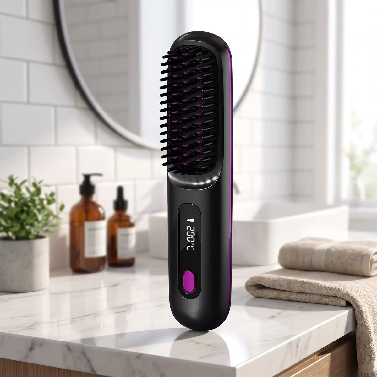 brosse chauffante noire posée sur un plan blanc et gris 