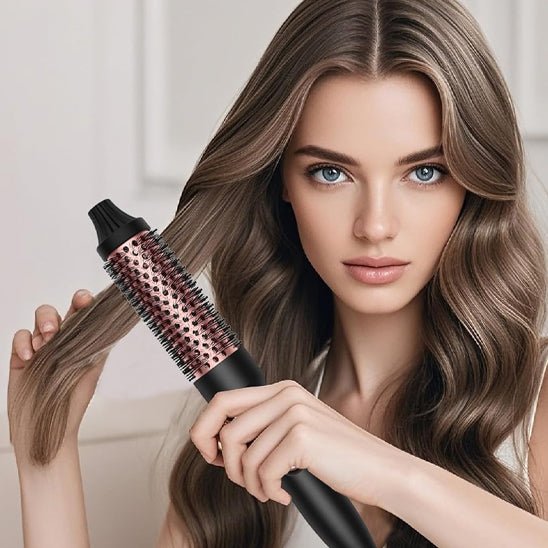 Jeune femme longs cheveux bruns qui se coiffe avec la brosse chauffante volumisante noire 