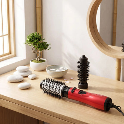 brosse chauffante posée sur une table en bois clair 