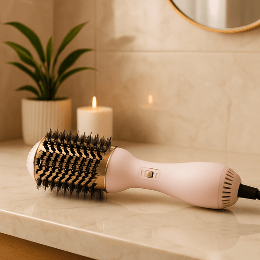 Brosse chauffante de couleur rose posé sur un comptoir beige