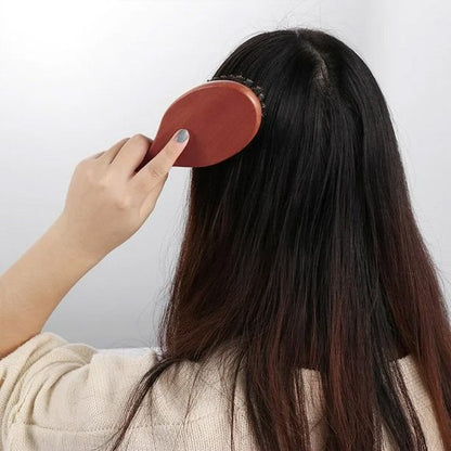 Brosse poil de sanglier femme de dos qui coiffe ses longs cheveux bruns 