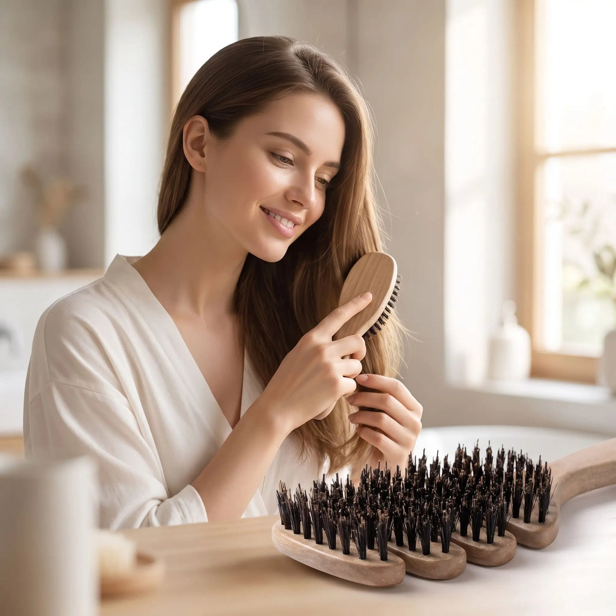 brosse poil de sanglier naturel jeune femme qui se coiffe 