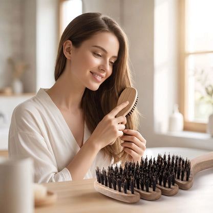 brosse poil de sanglier naturel jeune femme qui se coiffe 