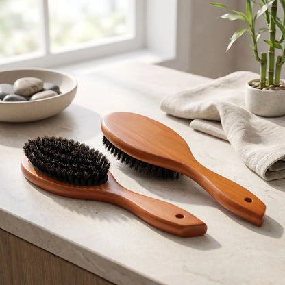 brosse poil de sanglier naturel posée sur un plan crème 