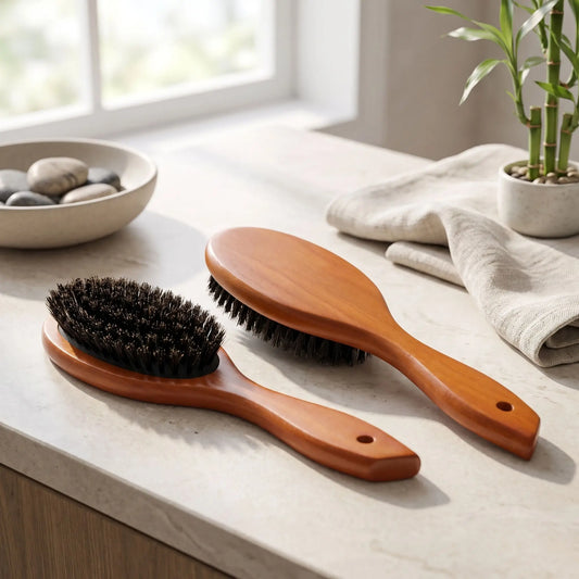 brosse poil de sanglier naturel posée sur un plan crème 