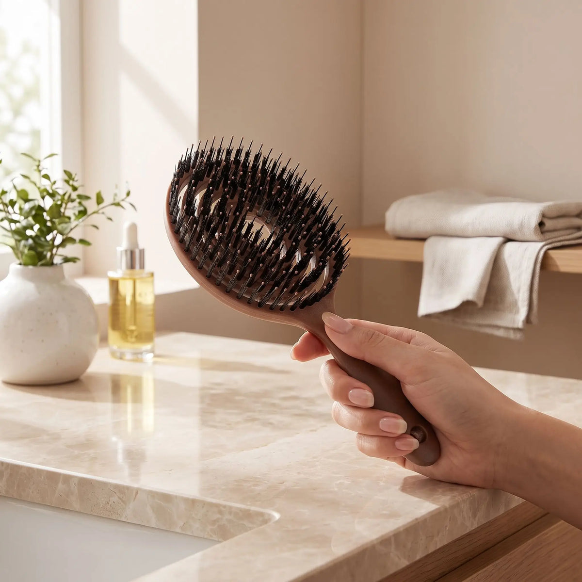 brosse poil de sanglier naturel une main qui tient la brosse pour en apprécier les caractéristiques