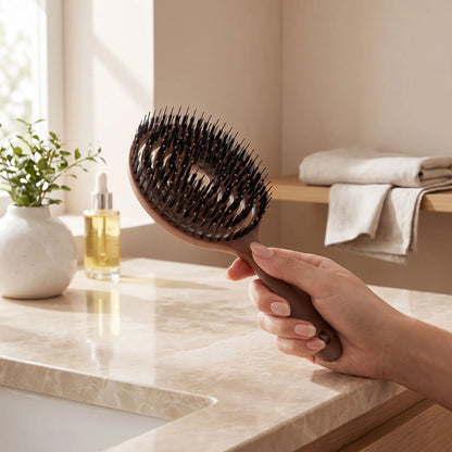 brosse poil de sanglier naturel une main qui tient la brosse pour en apprécier les caractéristiques