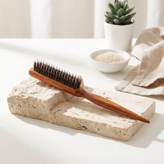 brosse poil de sanglier posée sur un bloc décoratif couleur crème