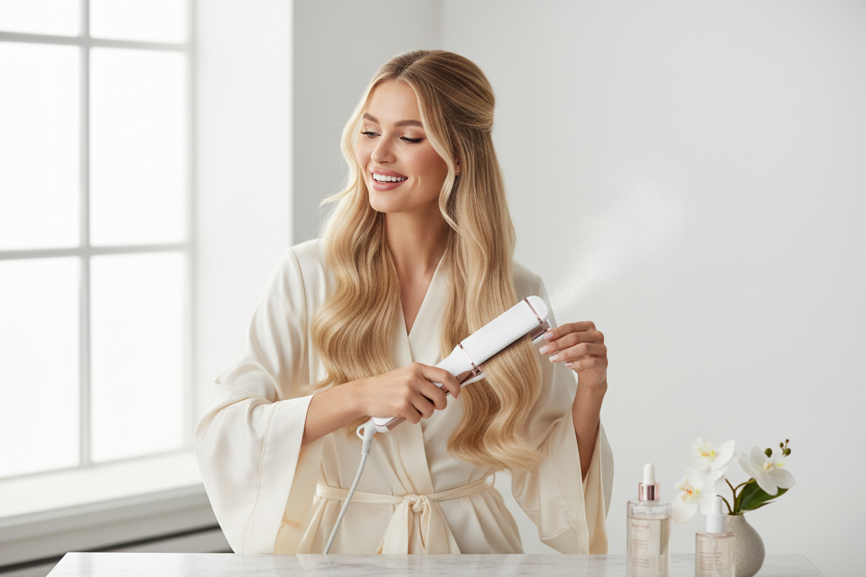 Femme bcbg avec lisseur vapeur
