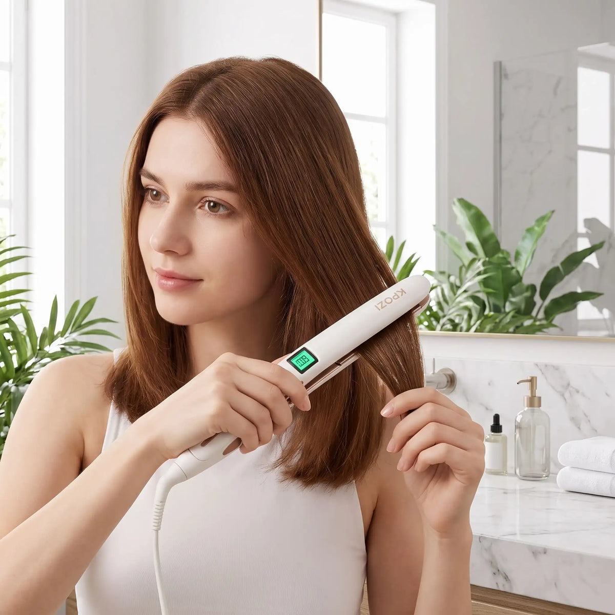 jeune femme qui se coiffe avec le lisseur blanc