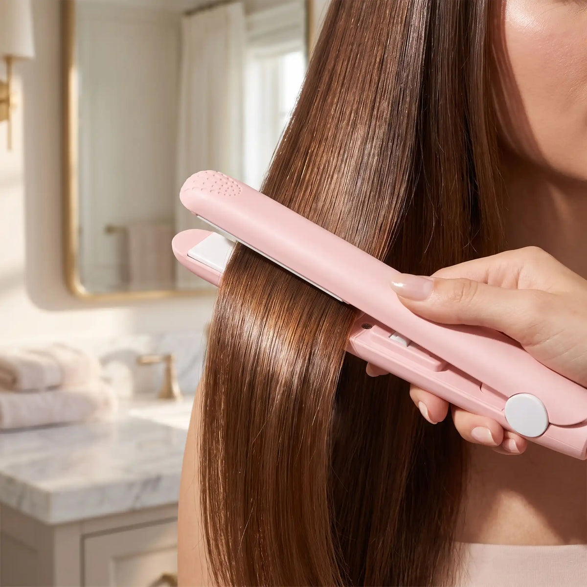 femme qui se coiffe avec le lisseur rose avec gros plan sur une mèche
