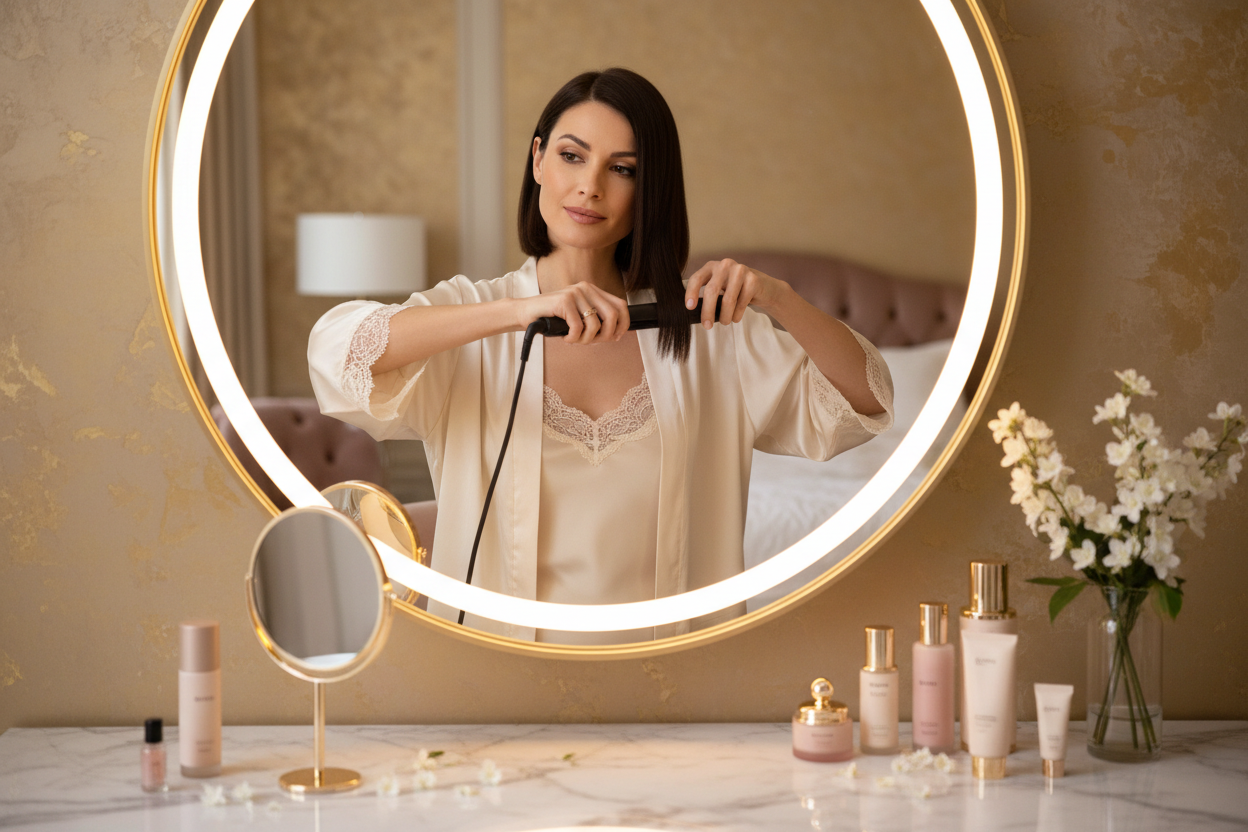 Femme se lissant les cheveux devant son miroir
