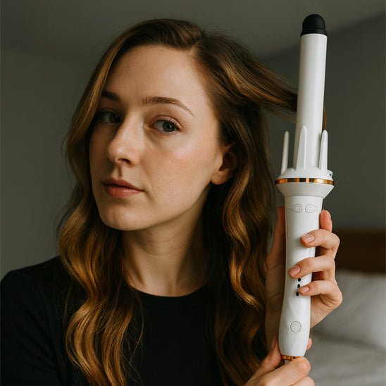 Jeune femme de 20-25 ans aux longs cheveux châtains qui se coiffe avec le fer bouclant blanc