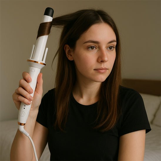 Jeune femme de 20-25 ans aux longs cheveux bruns qui se coiffe avec le fer bouclant de couleur blanc