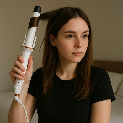 Jeune femme de 20-25 ans aux longs cheveux bruns qui se coiffe avec le fer bouclant de couleur blanc