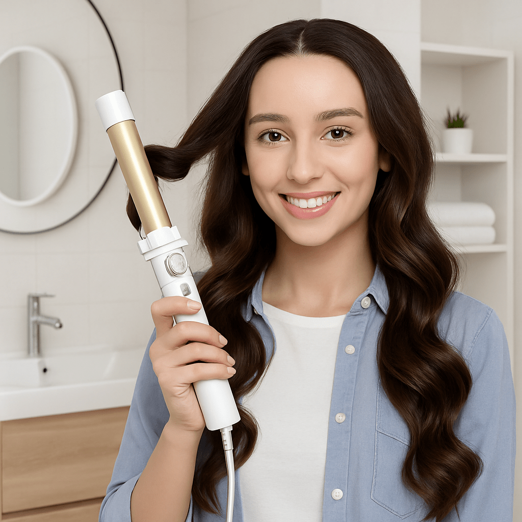 Jeune femme longs cheveux bruns qui se coiffe avec le fer bouclant