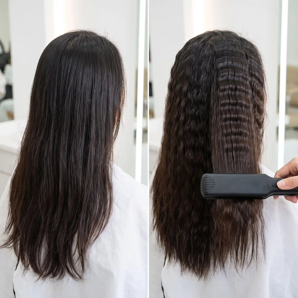 fer bouclant jeune femme installée de dos cheveux avant et après la mise en pli
