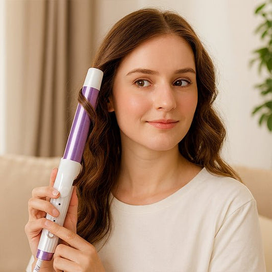 Jeune femme mi vingtaine qui se coiffe les cheveux avec le fer bouclant mauve