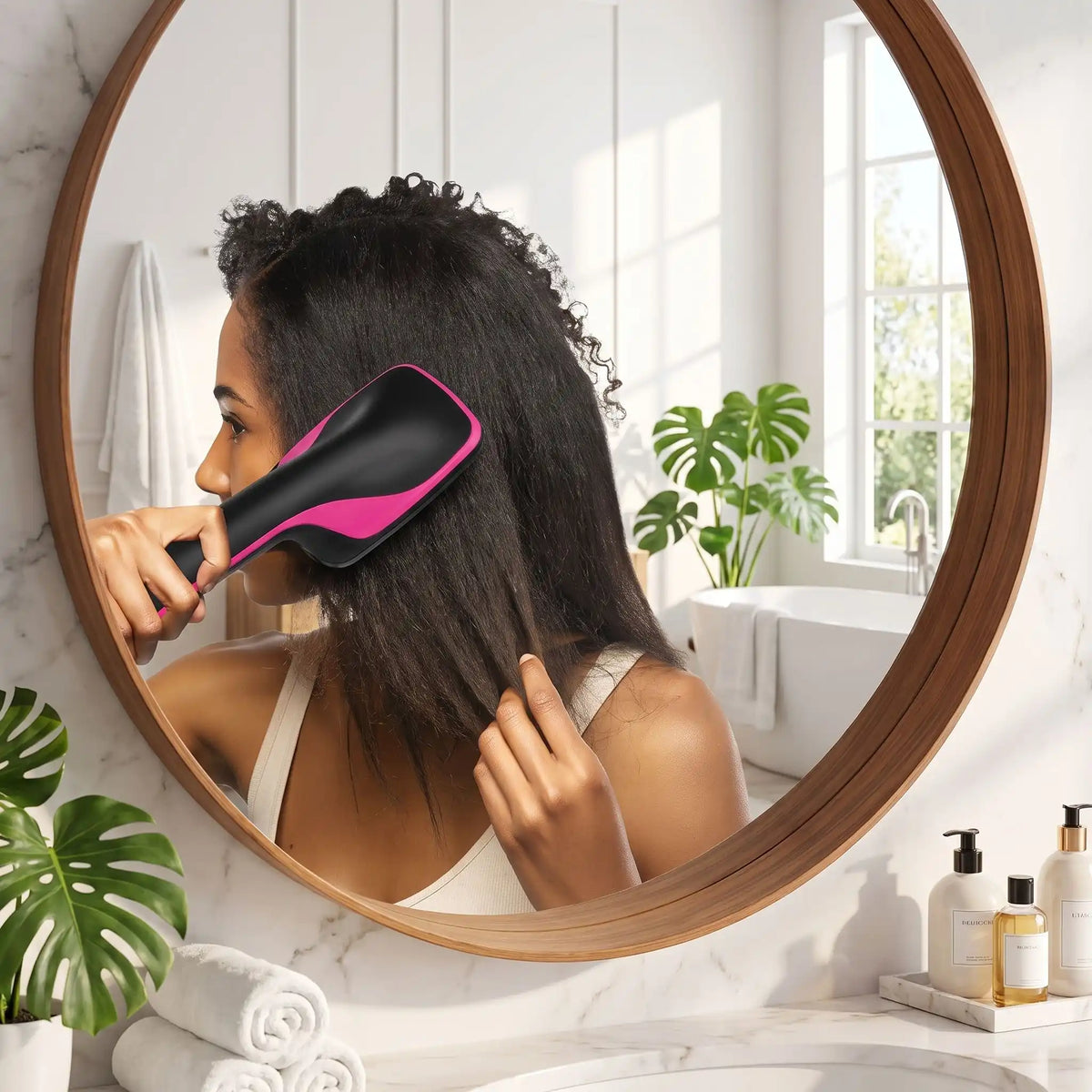jeune femme afro qui coiffe ses cheveux bouclés avec la brosse chauffante séchoir