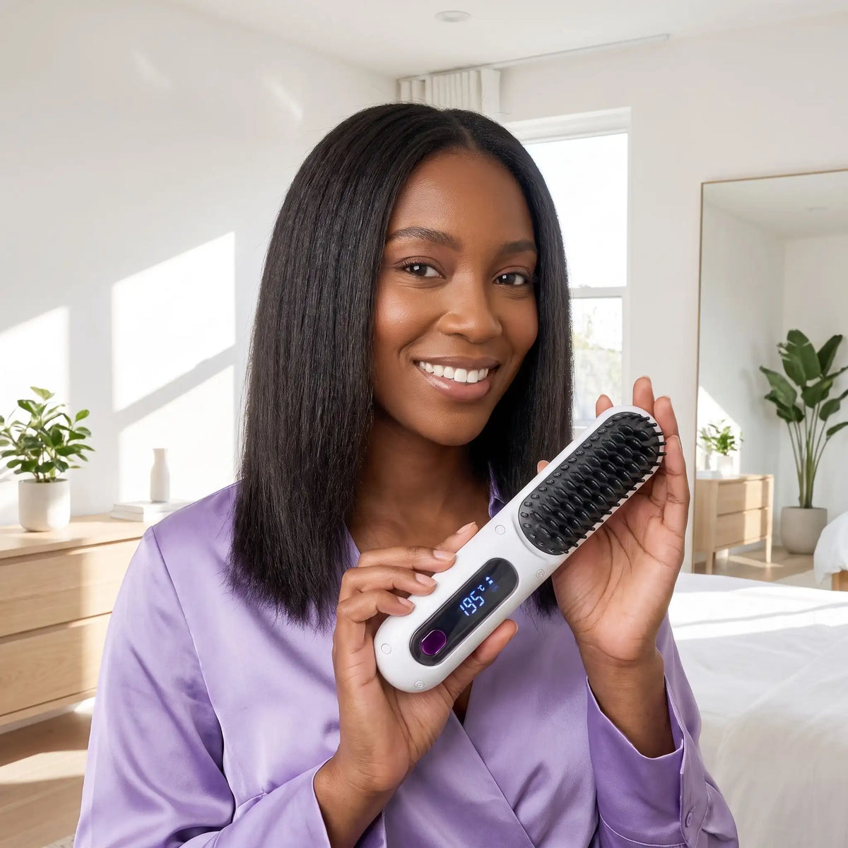 jeune femme afro qui tient la brosse chauffante afin d'en apprécier les caractéristiques