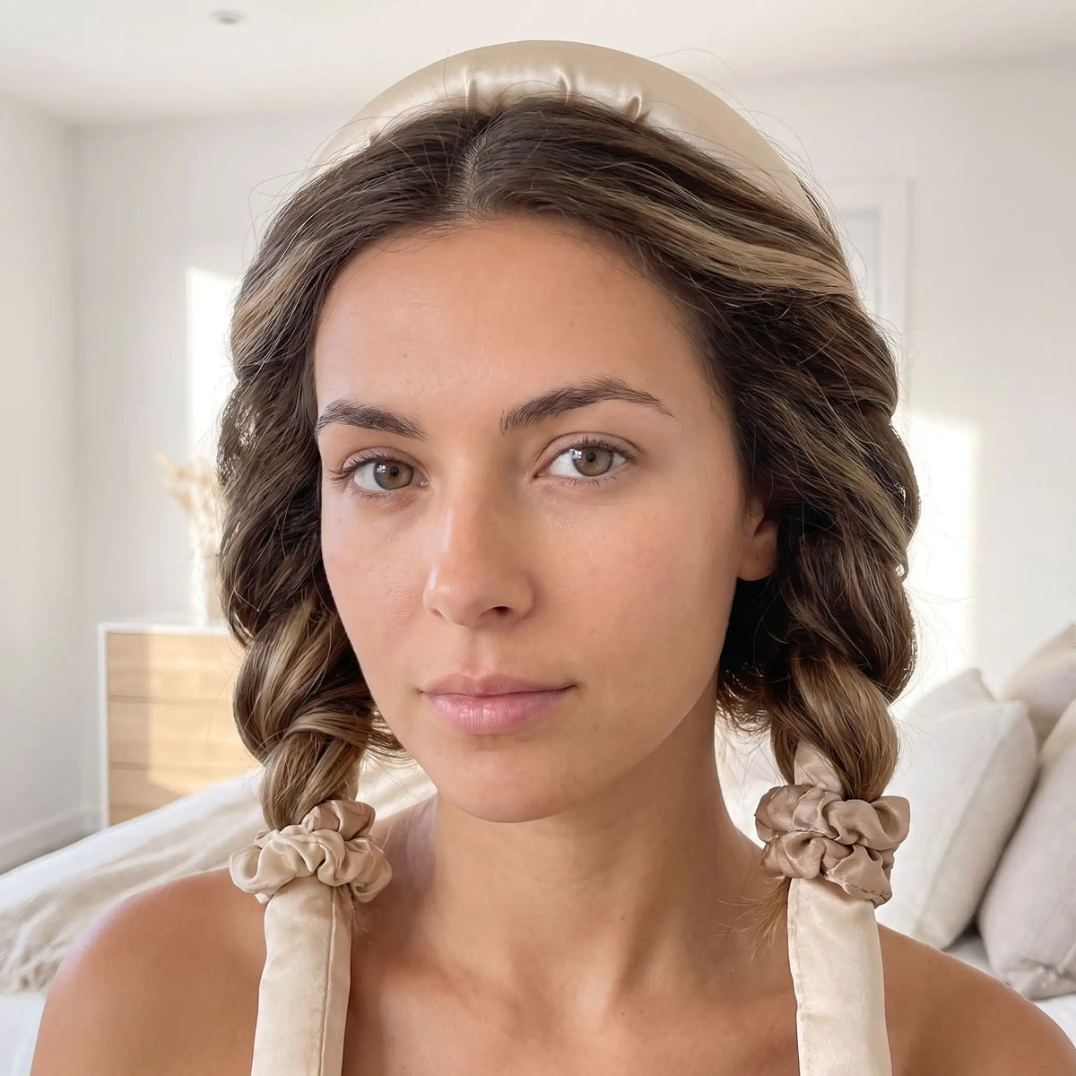jeune femme au cheveux mi longs portant le boucleur sans chaleur