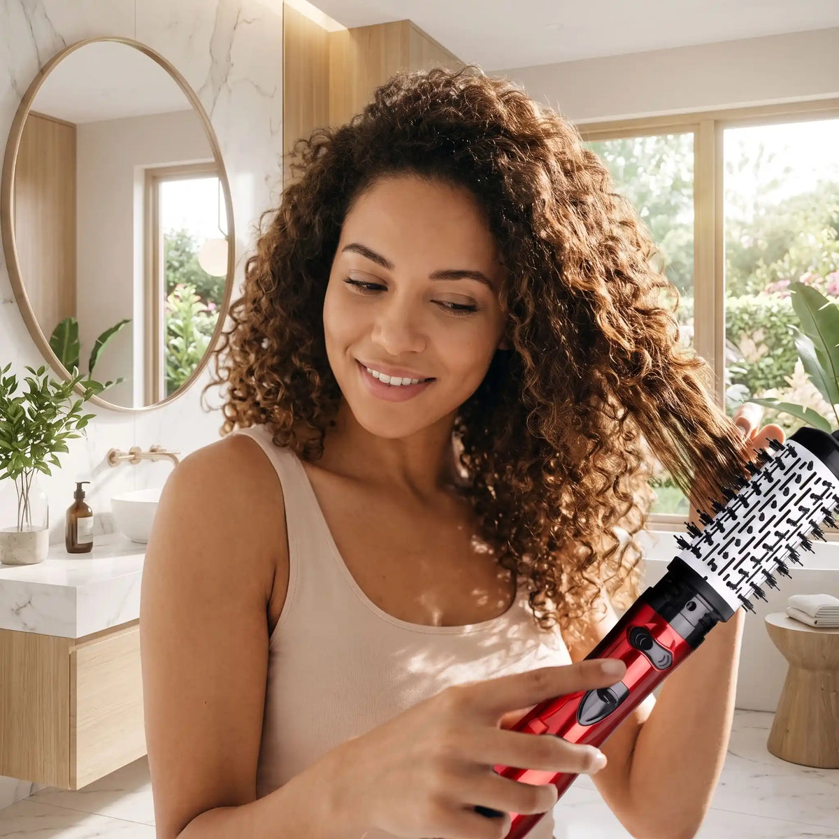 jeune femme aux cheveux bouclés qui se coiffe avec la brosse chauffante rouge