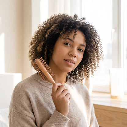 jeune femme aux cheveux bouclés qui tient une brosse à cheveux 