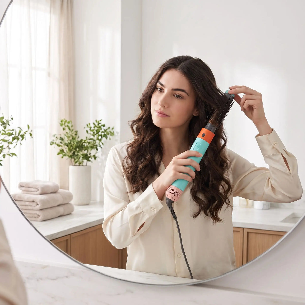 jeune femme aux cheveux bruns qui se coiffe avec la brosse chauffante