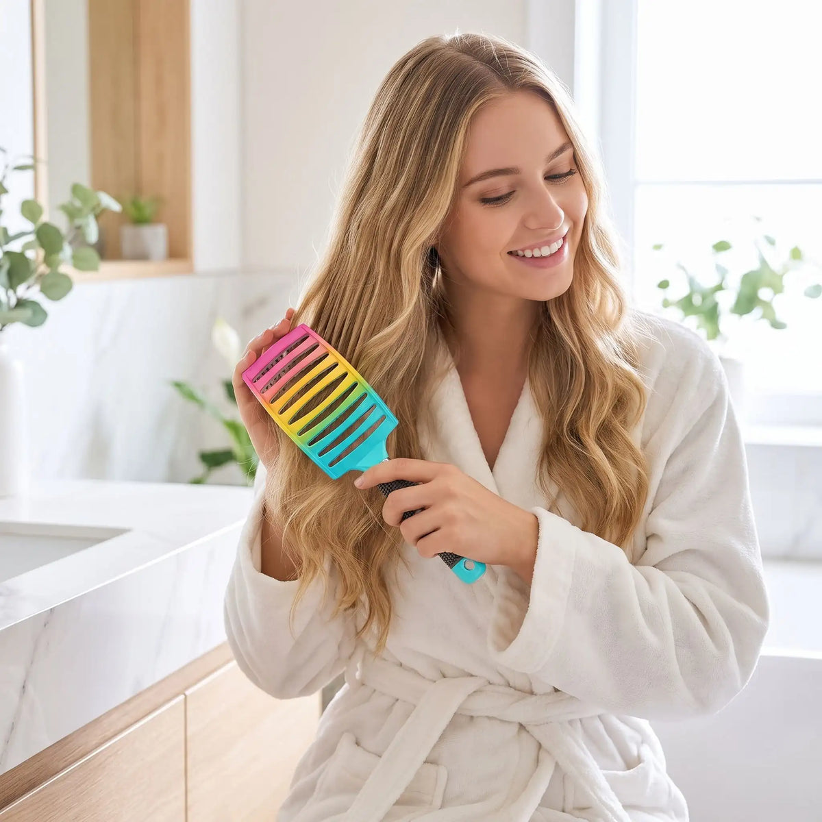 jeune femme aux longs cheveux blonds qui se brosse les cheveux avec la brosse à cheveux à poils mixtes 