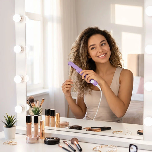 jeune femme cheveux boucles qui se coiffe avec le lisseur couleur mauve