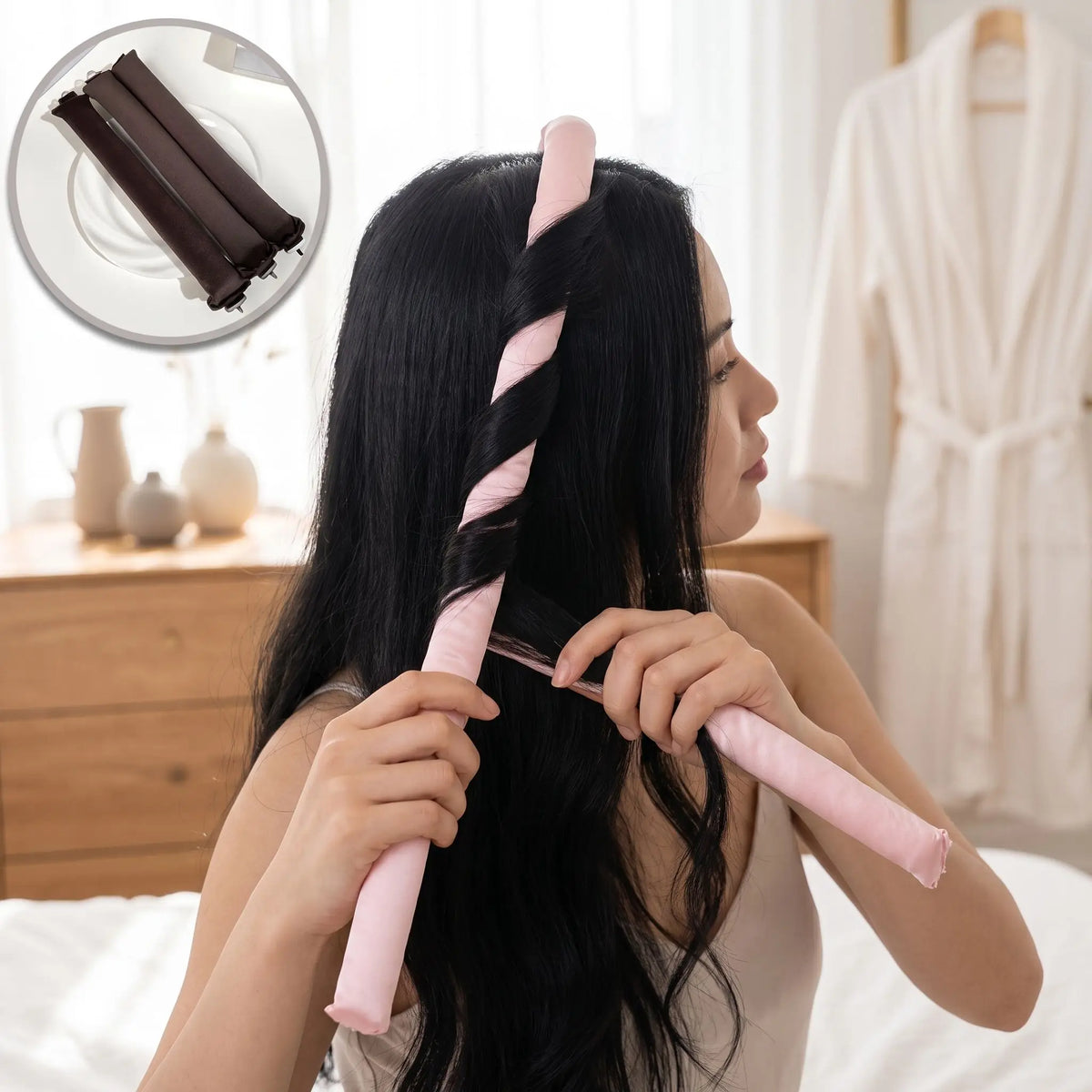 jeune femme installant seule les boucleurs sans chaleur