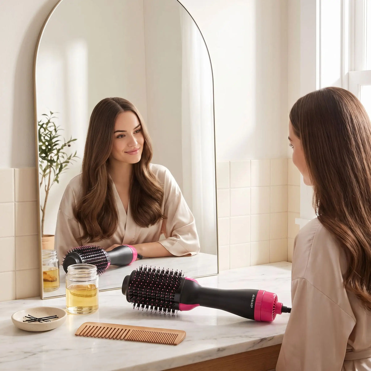 jeune femme qui admire sa coiffure faite avec la brosse chauffante noire et rose 