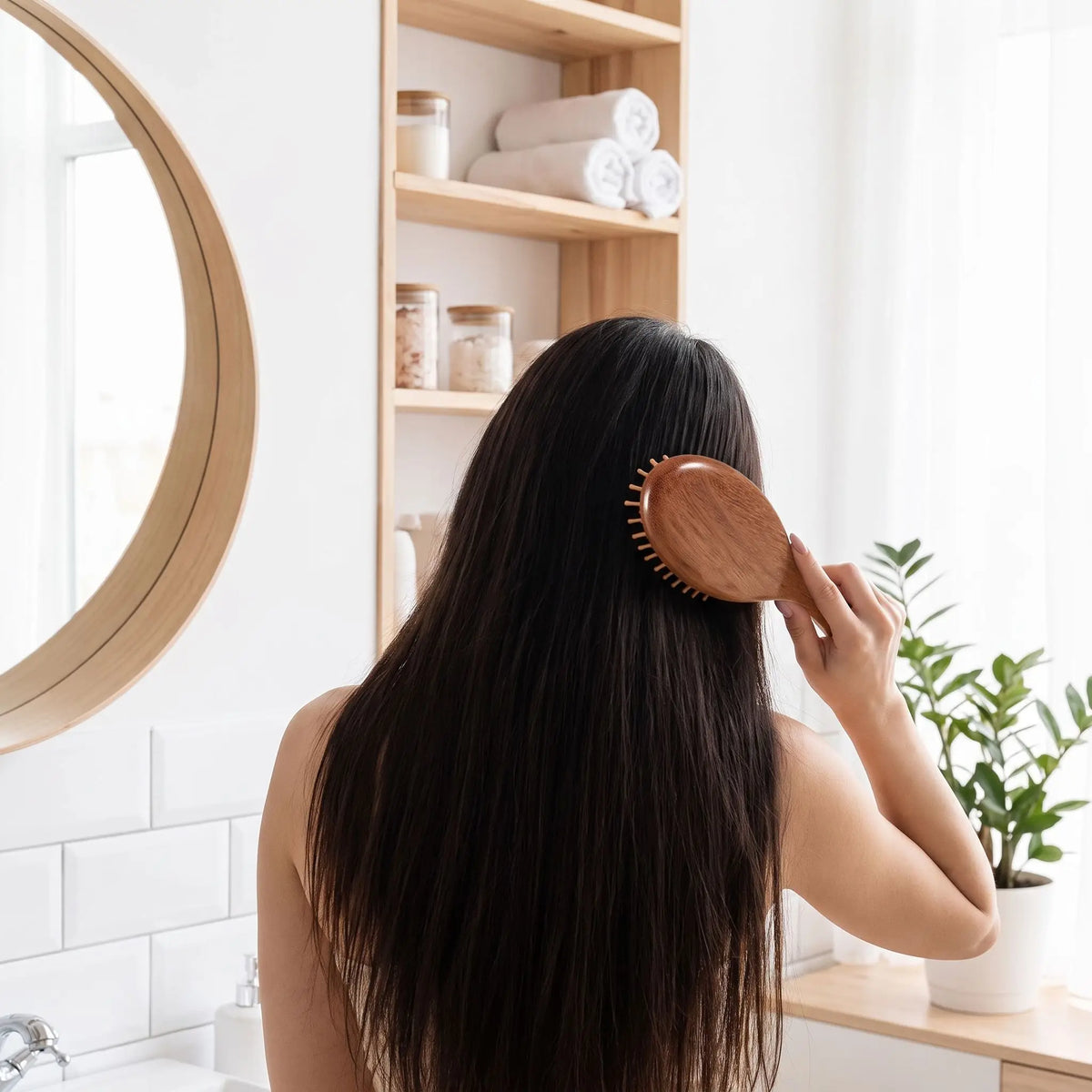 jeune femme qui brosse ses cheveux avec la brosse  à cheveux 