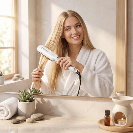 jeune femme qui coiffe ses cheveux longs blonds avec le lisseur cheveux blanc