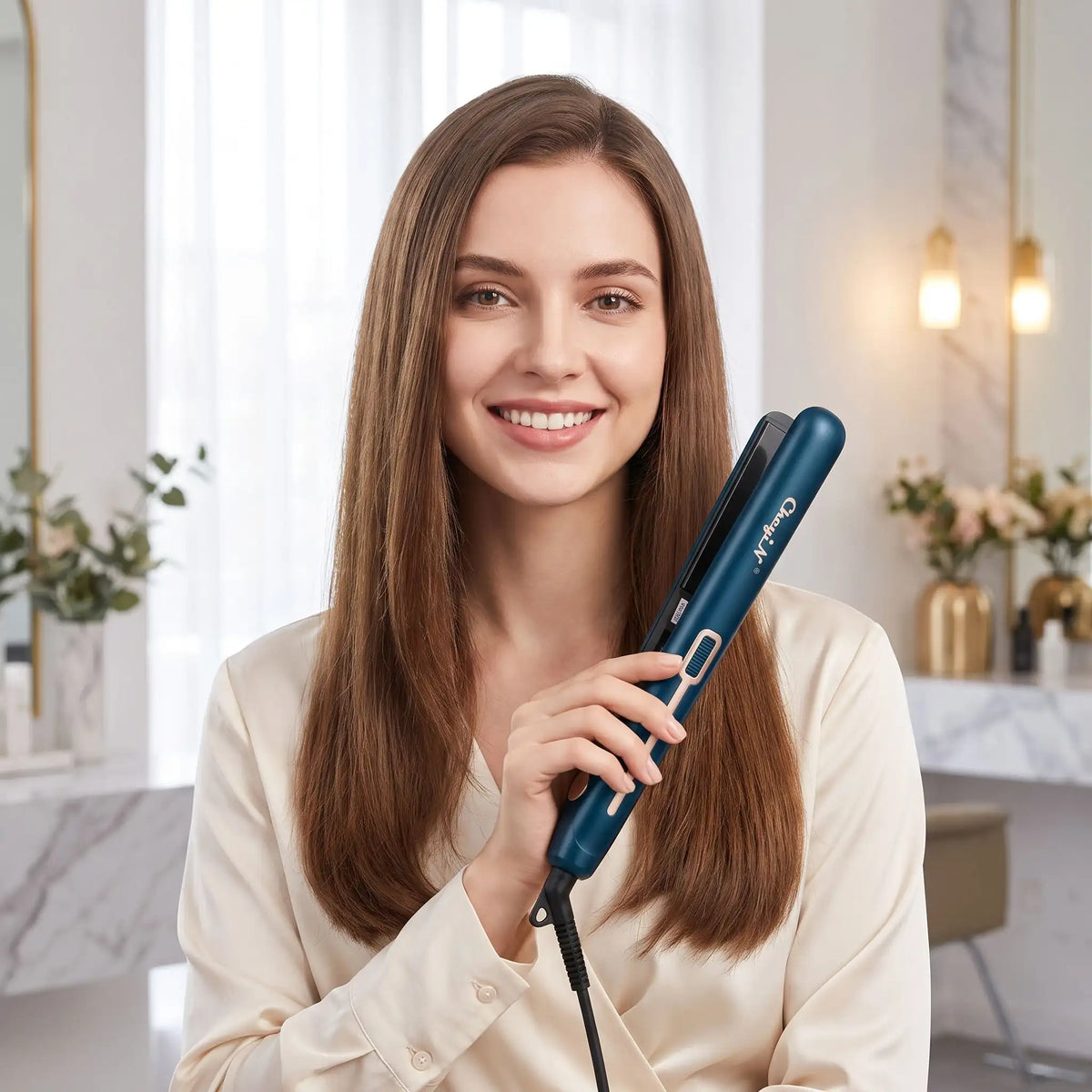 jeune femme qui coiffe ses cheveux longs bruns avec le lisseur vert  