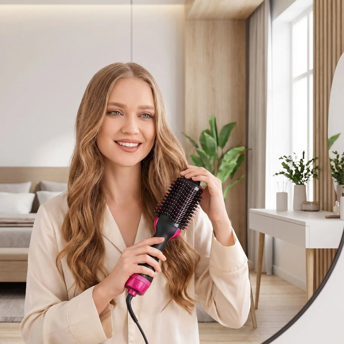 jeune femme qui coiffe ses longs cheveux châtains avec la brosse chauffante noire et rose 