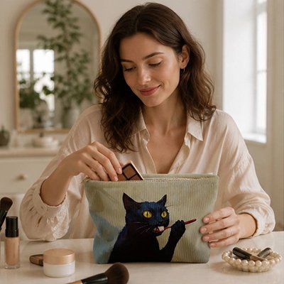 Jeune femme qui place un article de maquillage dans la Trousse de toilette 