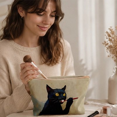 Jeune femme qui place un article de toilette dans la Trousse de toilette 