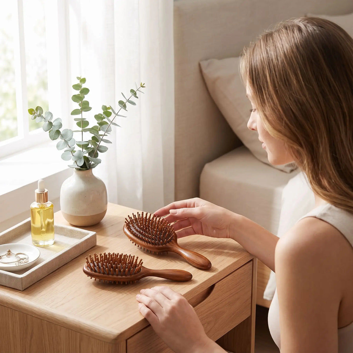 jeune femme qui regarde les brosses à cheveux en bois de santal 