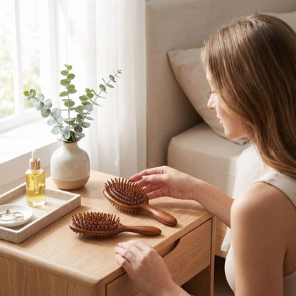 jeune femme qui regarde les brosses à cheveux en bois de santal 