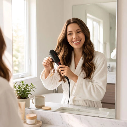 jeune femme qui se coiffe avec la brosse chauffante lissante