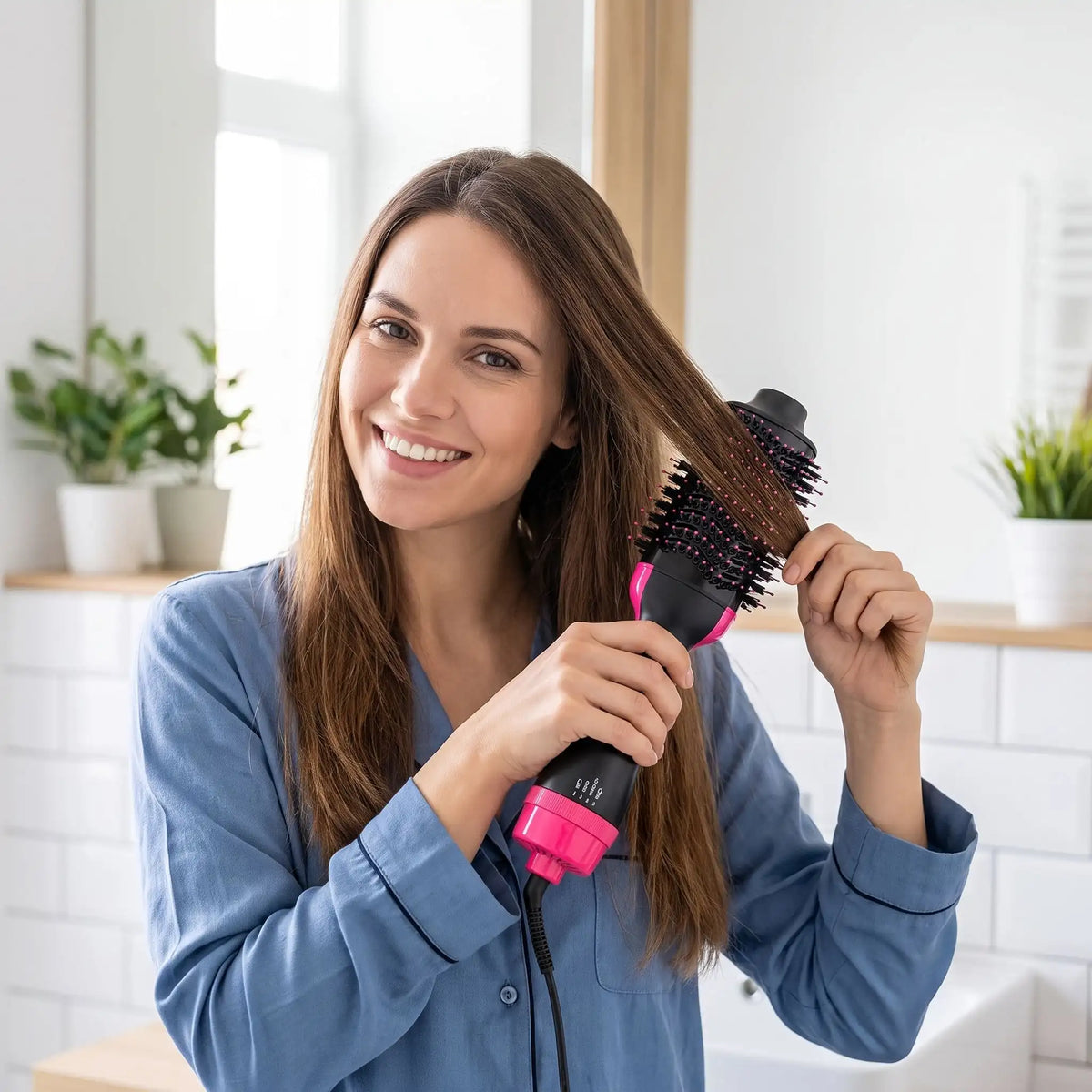 jeune femme qui se coiffe avec la brosse chauffante noire et rose 
