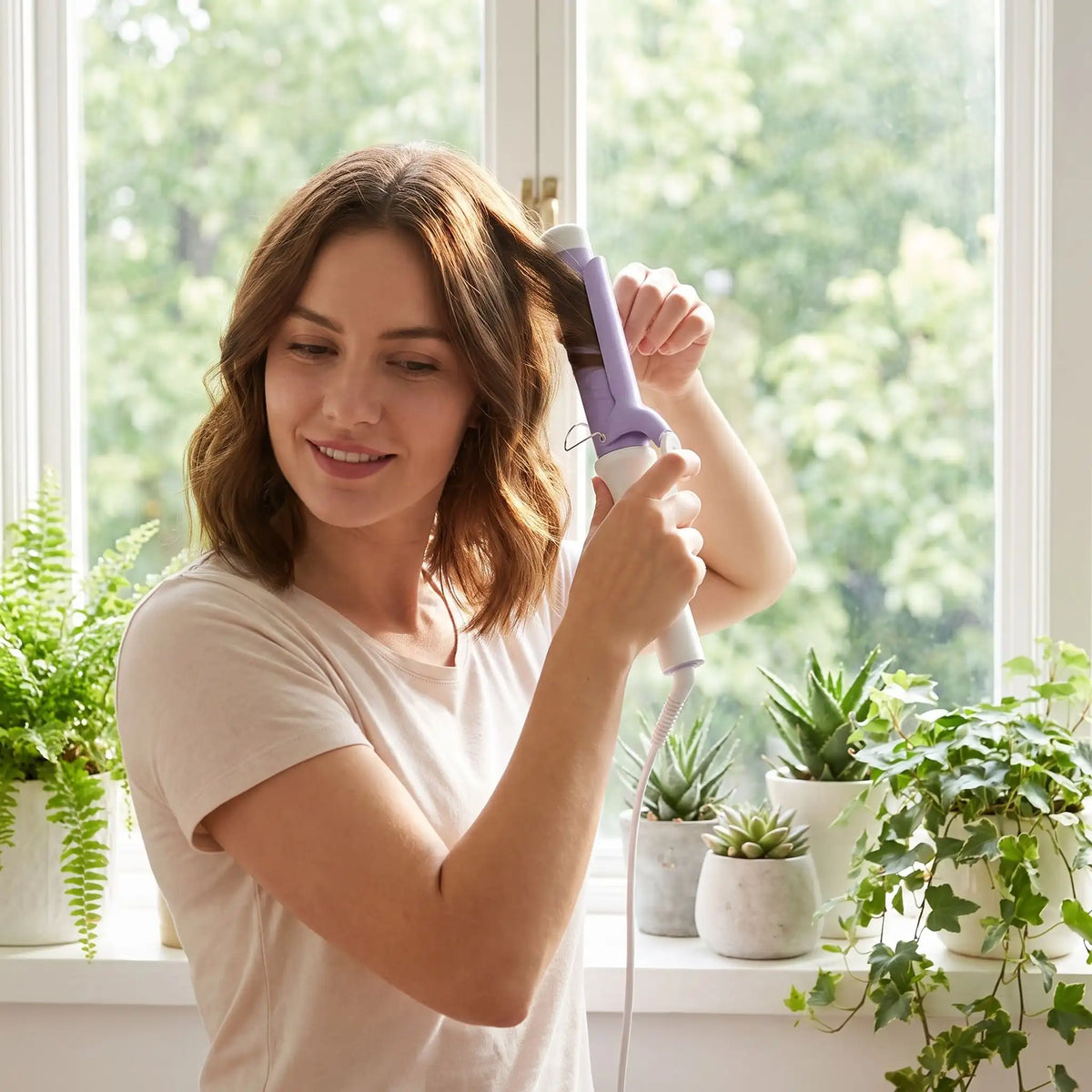 jeune femme qui se coiffe avec le fer bouclant mauve bleu