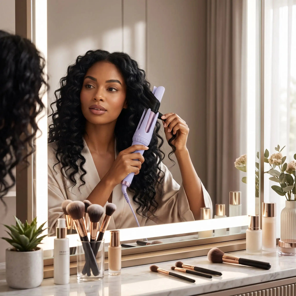 jeune femme qui se coiffe dans le miroir de sa table de maquillage avec le boucleur mauve