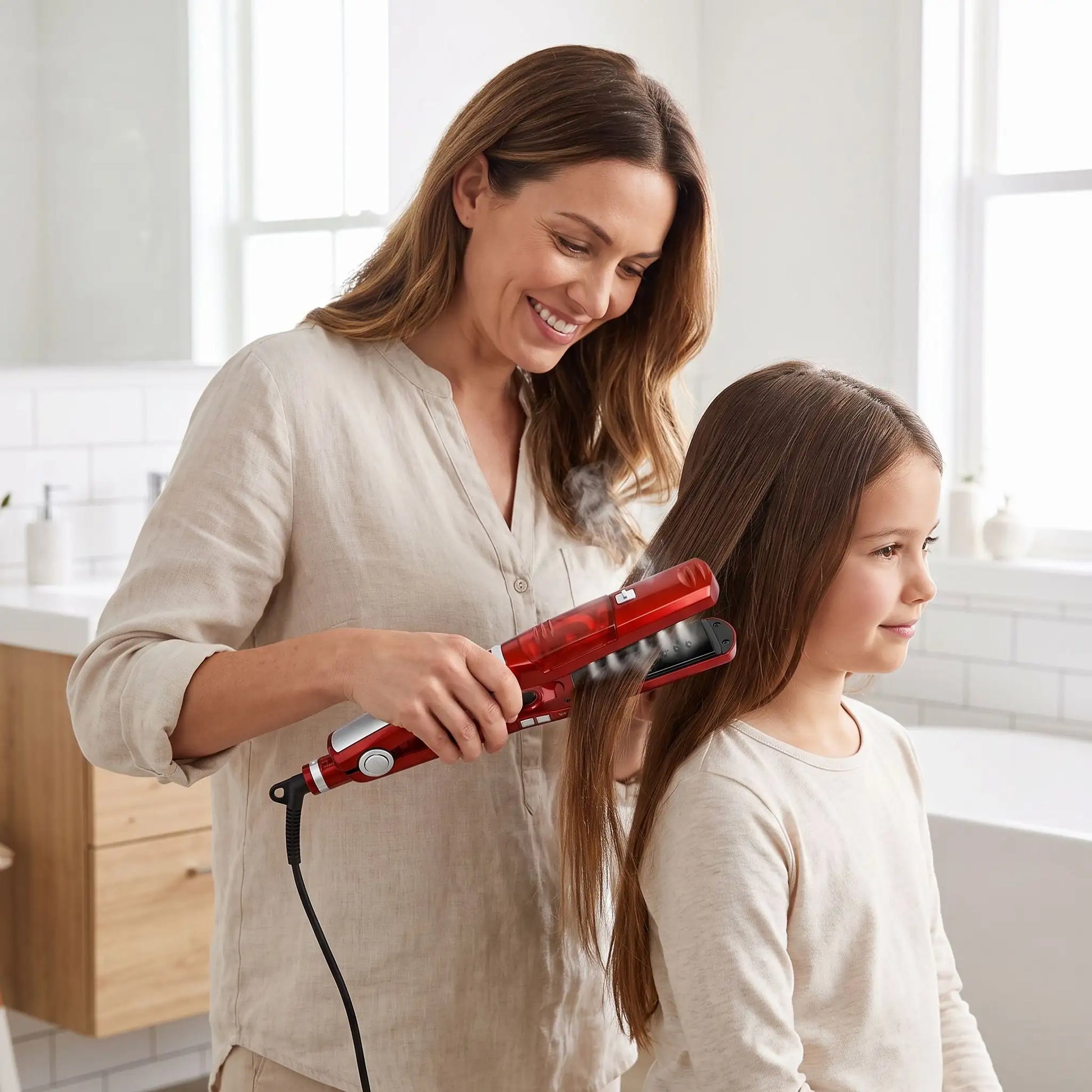 jeune maman qui coiffe les cheveux de sa fille avec le lisseur cheveux rouge 