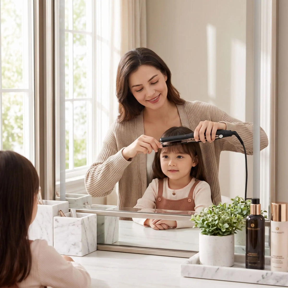 une jeune maman qui lisse la frange de sa fillette avec le lisseur cheveux 